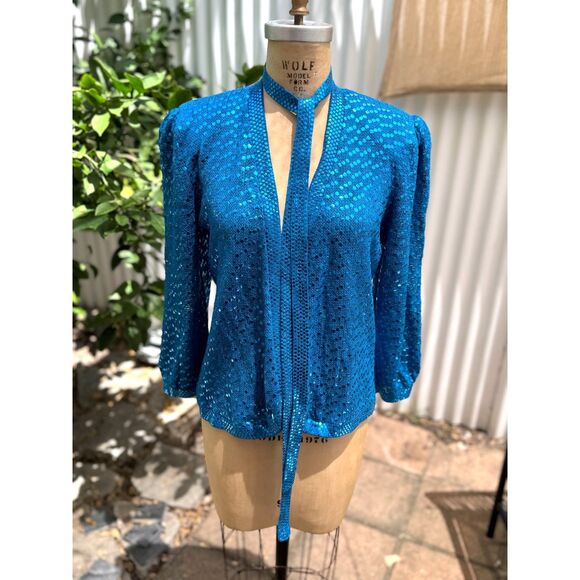 VTG 1980s St. John Sky Blu Round Metallic Paillettes Belted LS Wrap Sweater SZ M - Picture 2 of 13